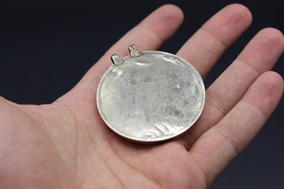 Vintage Uzbek Silver Round Pendant, Lapis Lazuli … - image 7