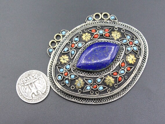 Vintage Uzbek Silver Oval Pendant, Lapis Lazuli S… - image 4