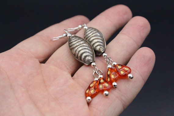 Afghan Vintage Earrings, Glass Beads Dangly Earri… - image 4