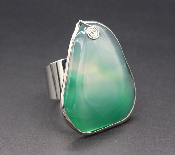 Turkish Glass Malachite Statement Ring, Large Gem… - image 1