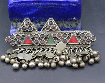 Colgante vintage de danza del vientre tribal Kuchi, adorno de cuentas de vidrio, colgante bohemio, horquilla de alpaca bohemia, joyería afgana #H05
