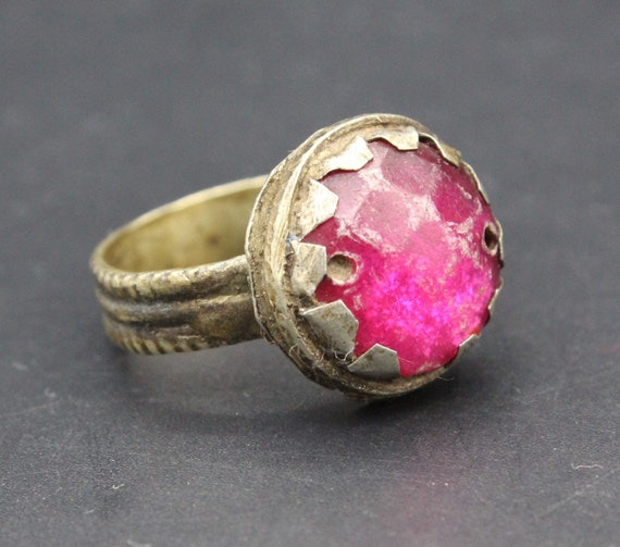 Vintage Afghan Alpaka Ring, Pink Glass Ring, Afgh… - image 1