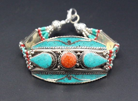 Tibetan Nepalese Bracelet, Enamel Turqoise & Cora… - image 1