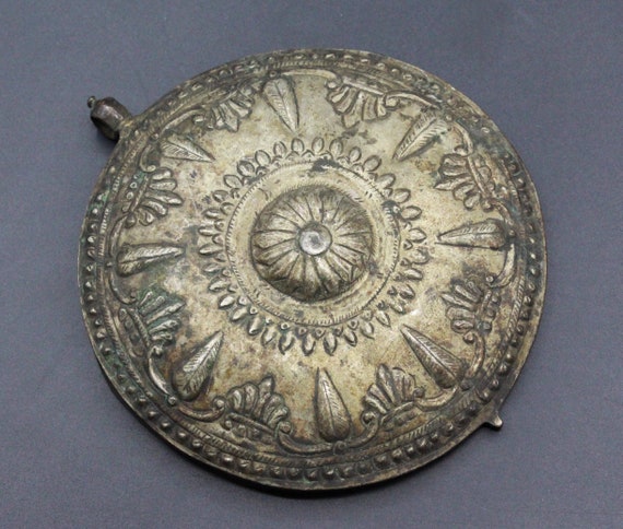 Antique Ottoman Pendant Ottoman Silver Costuming Belt Buckle Pendant Costuming Jewelry Tribal Pendant, Carved Round Large Pendant