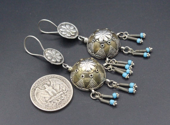 Vintage Kazakh Ethnic Silver Earrings, Lovely Bea… - image 3