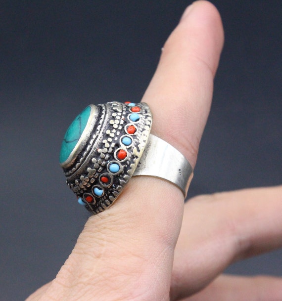 Vintage Afghan Alpaka Ring, Malachite Stone Hand C