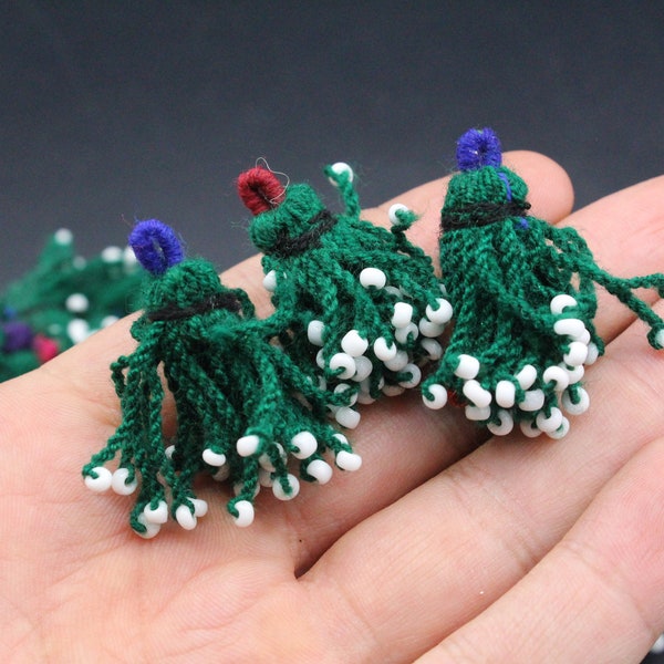33mm Fabric Tassels, Afghan Turkmen Hand made Tassels Beads, Costuming Tassels, Belly Dance Tassels, Green Tassels, 1PC,