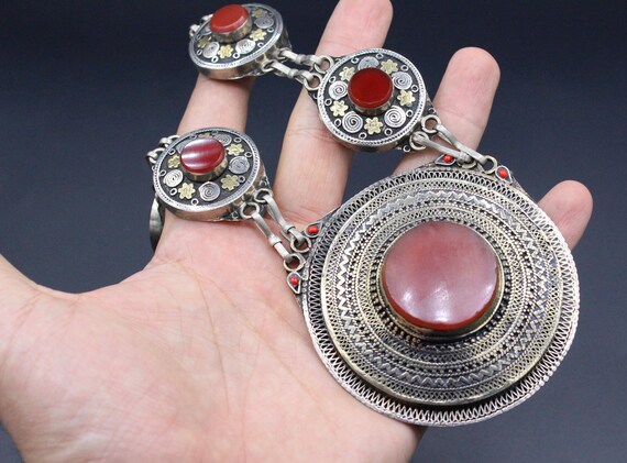 Vintage Kazakh Traditional Alpaka Necklace, Carne… - image 9