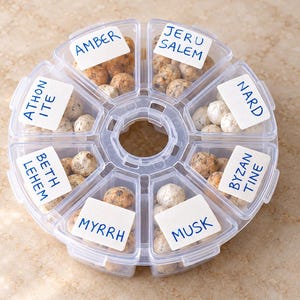 Op de afbeelding: Een ronde, doorzichtige plastic opbergdoos met acht afzonderlijke vakjes, elk gevuld met kleine, ronde, textuurrijke beige en bruine voorwerpen. Elk vakje heeft een wit label met handgeschreven blauwe tekst: Amber, Jerusalem, Nard, Byzantine, Musk, Myrrh, Bethlehem en Athonite.