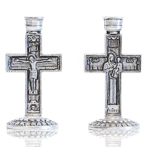 Orthodox Mount Athos Candle Holder: Crucifixion & Theotokos, Silver ...