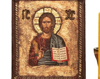 Christ Pantocrator Icon, Aged Gold unique Orthodox Icon, Religious Wall Art