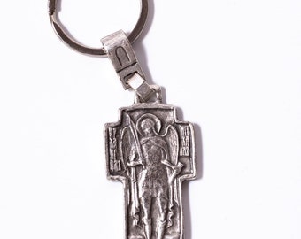 Saint Michael Keychain, Silver Plated Orthodox Christian breloque for car or bag