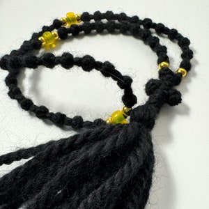 Wool Prayer Rope: Black Chotki with Yellow Beads, Cross & Tassel