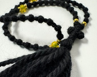 Wool Prayer Rope: Black Chotki with Yellow Beads, Cross & Tassel