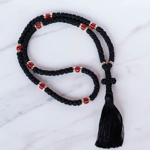 Orthodox Prayer Rope: Black Komboskini with Red Beads