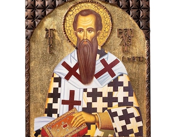 Saint Basil Orthodox Icon: Gold Leaf, Hand-Carved Wood