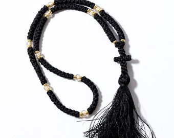 Orthodox Prayer Rope: Black Komboskini with Gold Beads, Christian Rosary