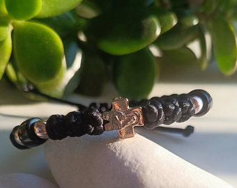 For wrist black religious bracelet for men, Black silver religious jewelry for hand, Virgin Mary bead, For husband cousin son grandfather