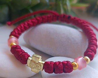 Red Burgundy peayer rope bracelet, Red religious jewelry for hand , Virgin Mary Panagia bead
