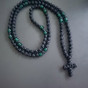 Handmade Black Knotted Prayer Rope: Green Beads, Orthodox Komboskini