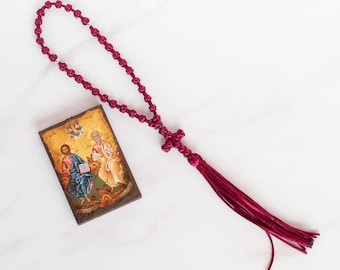 Handmade semi spaced komboskini, Burgundy knotted prayer rope with metal beads, Eastern Orthodox chotki for her, mother niece Christmas gift