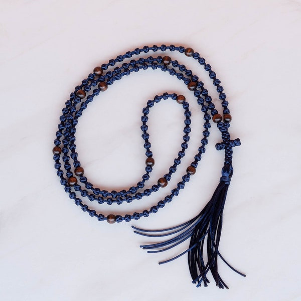 Dark blue prayer rope with wooden beads every 10 knots, Semi spaced komboskini, Navy ink blue chotki christmas gift, Orthodox prayer rope