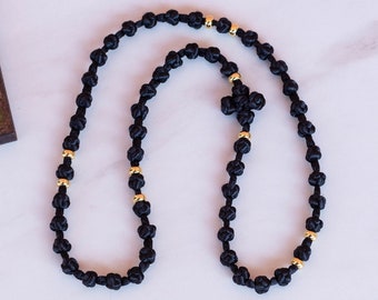 Handmade Black Prayer Rope: 50 Knots, Metal Beads, Komboskini