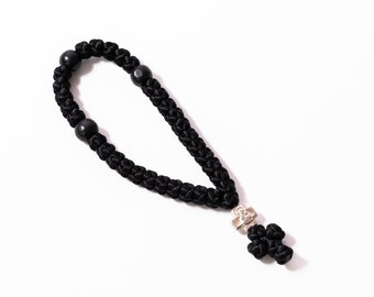 Orthodox Prayer Rope: Knotted Komboskini with Wooden Beads & Cross