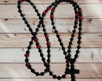 Semi spaced knotted prayer rope, Black with red beads komboskini, Religious Eastern Orthodox chotki, Spiritual gift idea for her, Christmas