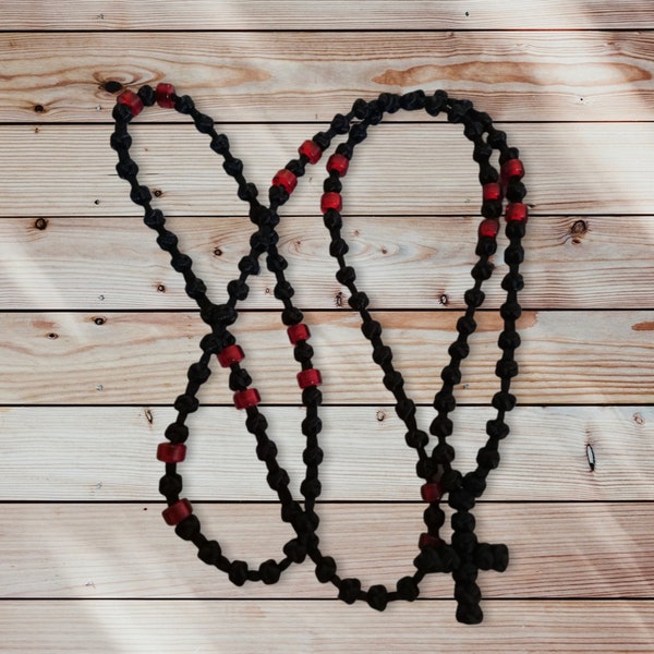 Semi spaced knotted prayer rope, Black with red beads komboskini, Religious Eastern Orthodox chotki, Spiritual gift idea for her, Christmas