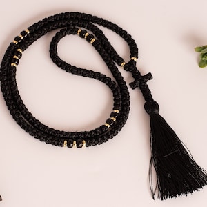 Fully handmade traditional black prayer rope with black beads | Orthodox chotki with cross and tassel | Religious and spiritual family gift