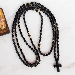 Semi spaced knotted prayer rope, Black with gold or silver beads komboskini, Eastern chotki, Religious Christmas gift idea for him for her 150 knots