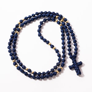 Blue Knotted Prayer Rope: Greek Komboskini with Gold Beads