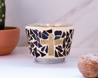 Handmade Mosaic Stained Glass Candle Holder: Christian Cross Decor