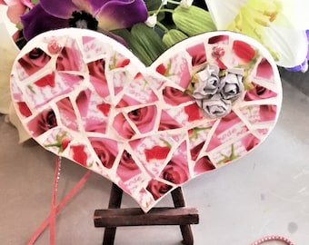 Handmade mosaic heart with  Recycled ceramic tiles Hanging Ornament unique Gift, For Girlfriend Personalized mosaic art Wooden heart plaque