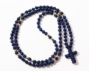 Blue Knotted Prayer Rope: Greek Komboskini with Gold Beads