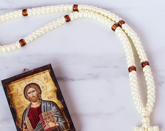 Handmade Ecru Prayer Rope: Christian Komboskini Rosary with Cross