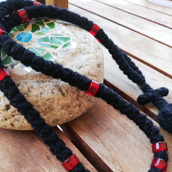 Handmade chotki, Black wool Komboskini with cross and tassel, Traditional made prayer rope divided every 10 knots, Christmas gift