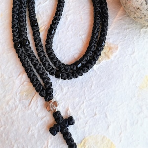 Greek Orthodox knotted komboskini, Christian Black  long prayer rope, Eastern  Religious handmade spiritual gift for a believer for him