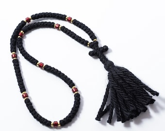 Handmade Black Wool Prayer Rope: Burgundy Beads, Orthodox Komboskini