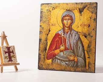 Handcrafted Saint Evdoxia Icon: Aged Wood Religious Wall Art