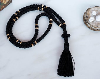 Set Corda Preghiera Ortodossa Chotki Con Croce E Nappa – Collana E Braccialetto In Poliestere Nero