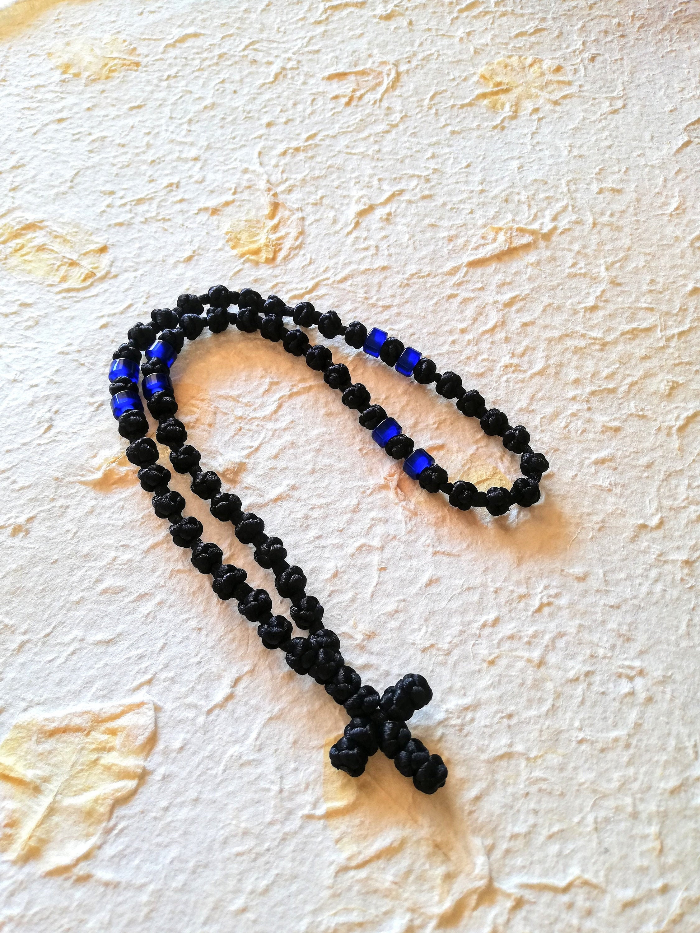 Semi spaced knotted prayer rope, Black with blue beads komboskini, Handmade eastern rosary, Jesus prayer rope, Ancient monastic tradition