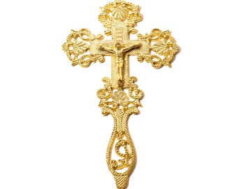 Gold Plated Orthodox Blessing Cross: Handmade Religious Art (9x5 in)