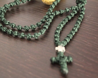 Green Orthodox Prayer Rope, Plain  semi spaced with metal Cross bead