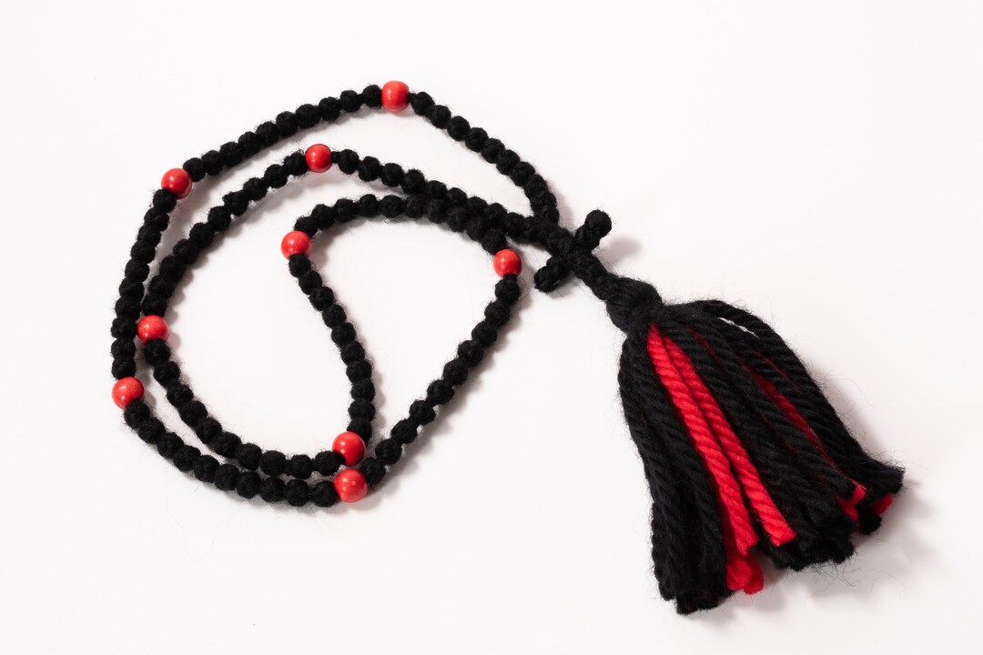 Orthodox Prayer Rope: Black Wool Komboskini With Red Beads - Etsy