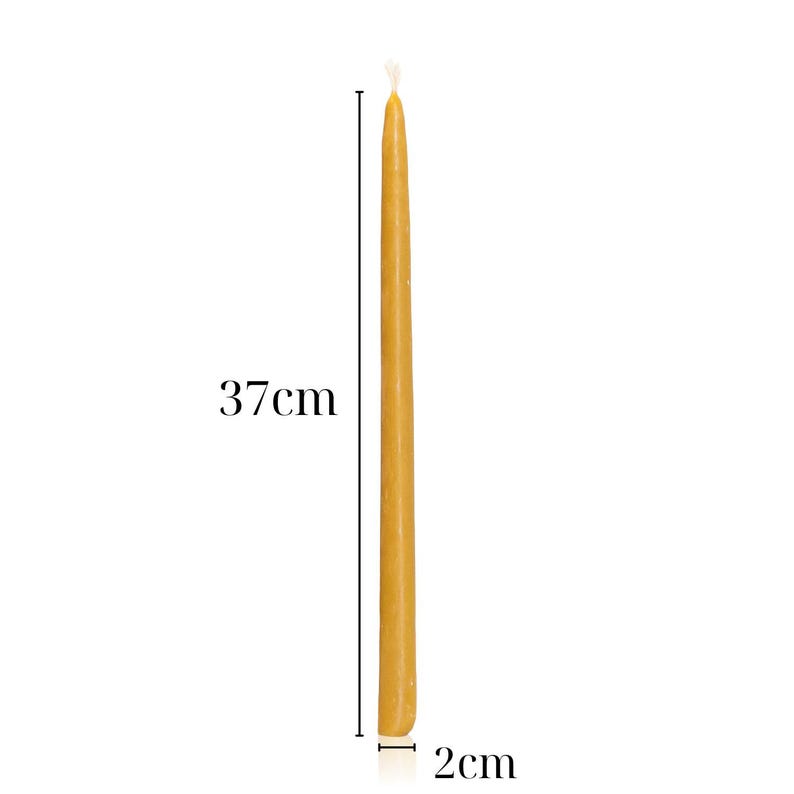 May include: A tall, slender yellow taper candle with a visible white wick at the top. The candle is displayed with measurement indicators showing a height of 14.57 inches and a base diameter of 0.79 inches, providing clear scale for the object.