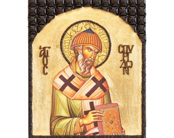 Saint Spyridon Orthodox Icon, Carved Wood details, Cofru Kerkyra Holy Father