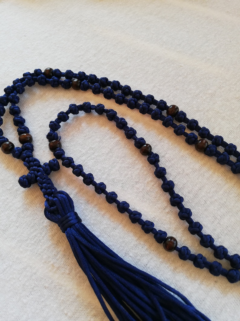 Dark Blue semi spaced Komboskini with wooden beads, 33 50 100 kn
