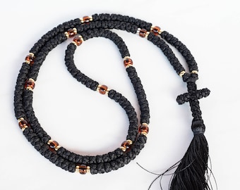 Handmade Orthodox Black Komboskini, Knotted Prayer Rope with Color Beads, Eastern rosary